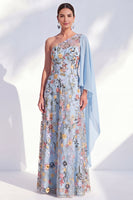 Laden Sie das Bild in den Galerie-Viewer, Blaues A-Linien-langes Mutter-der-der-Braut-Mutter-der-Braut-Kleid mit ein-schulter-Blumen-Kleid und Seitenumhang