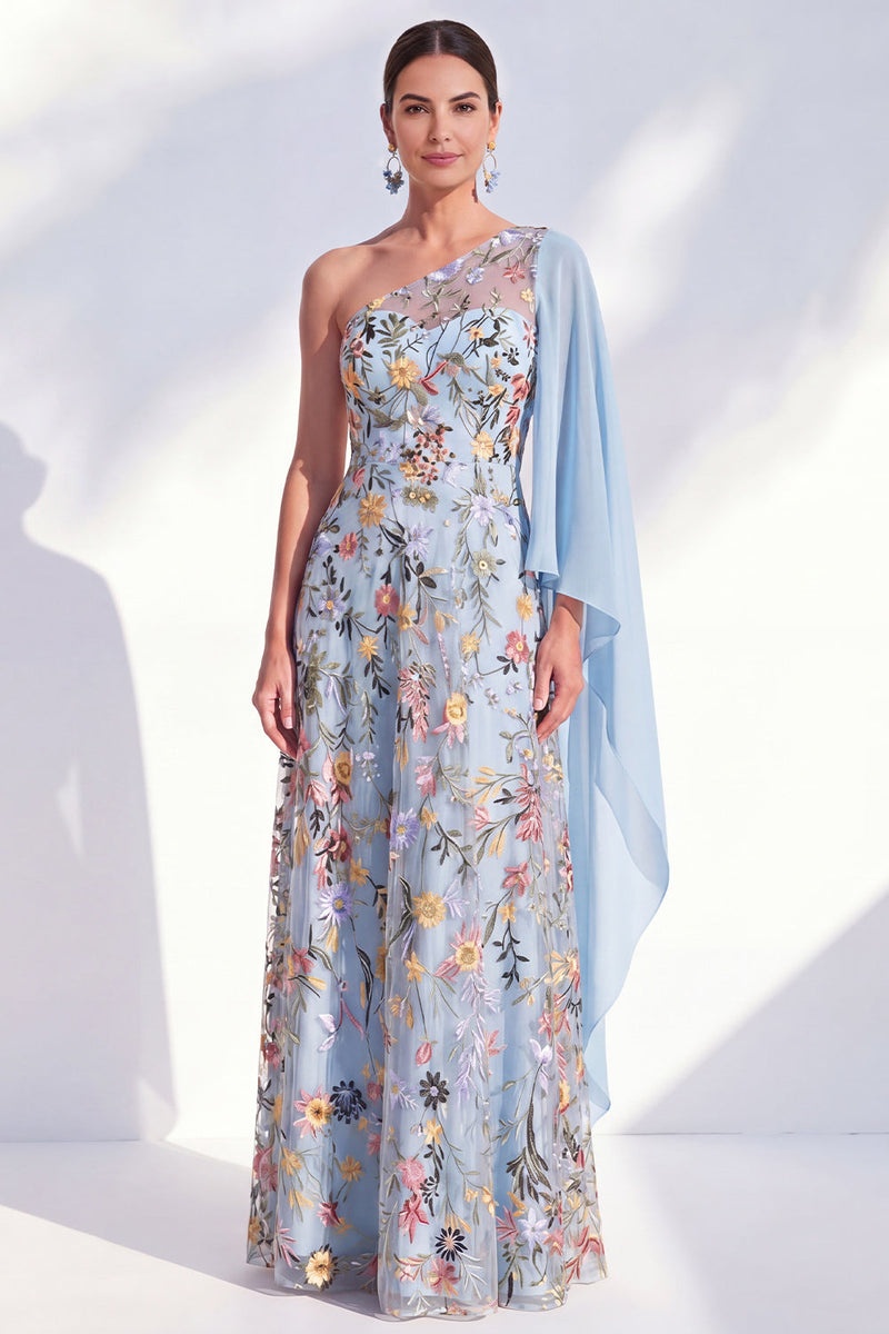 Laden Sie das Bild in den Galerie-Viewer, Blaues A-Linien-langes Mutter-der-der-Braut-Mutter-der-Braut-Kleid mit ein-schulter-Blumen-Kleid und Seitenumhang