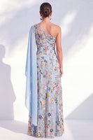 Laden Sie das Bild in den Galerie-Viewer, Blaues A-Linien-langes Mutter-der-der-Braut-Mutter-der-Braut-Kleid mit ein-schulter-Blumen-Kleid und Seitenumhang