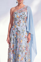 Laden Sie das Bild in den Galerie-Viewer, Blaues A-Linien-langes Mutter-der-der-Braut-Mutter-der-Braut-Kleid mit ein-schulter-Blumen-Kleid und Seitenumhang