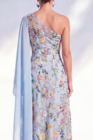 Laden Sie das Bild in den Galerie-Viewer, Blaues A-Linien-langes Mutter-der-der-Braut-Mutter-der-Braut-Kleid mit ein-schulter-Blumen-Kleid und Seitenumhang