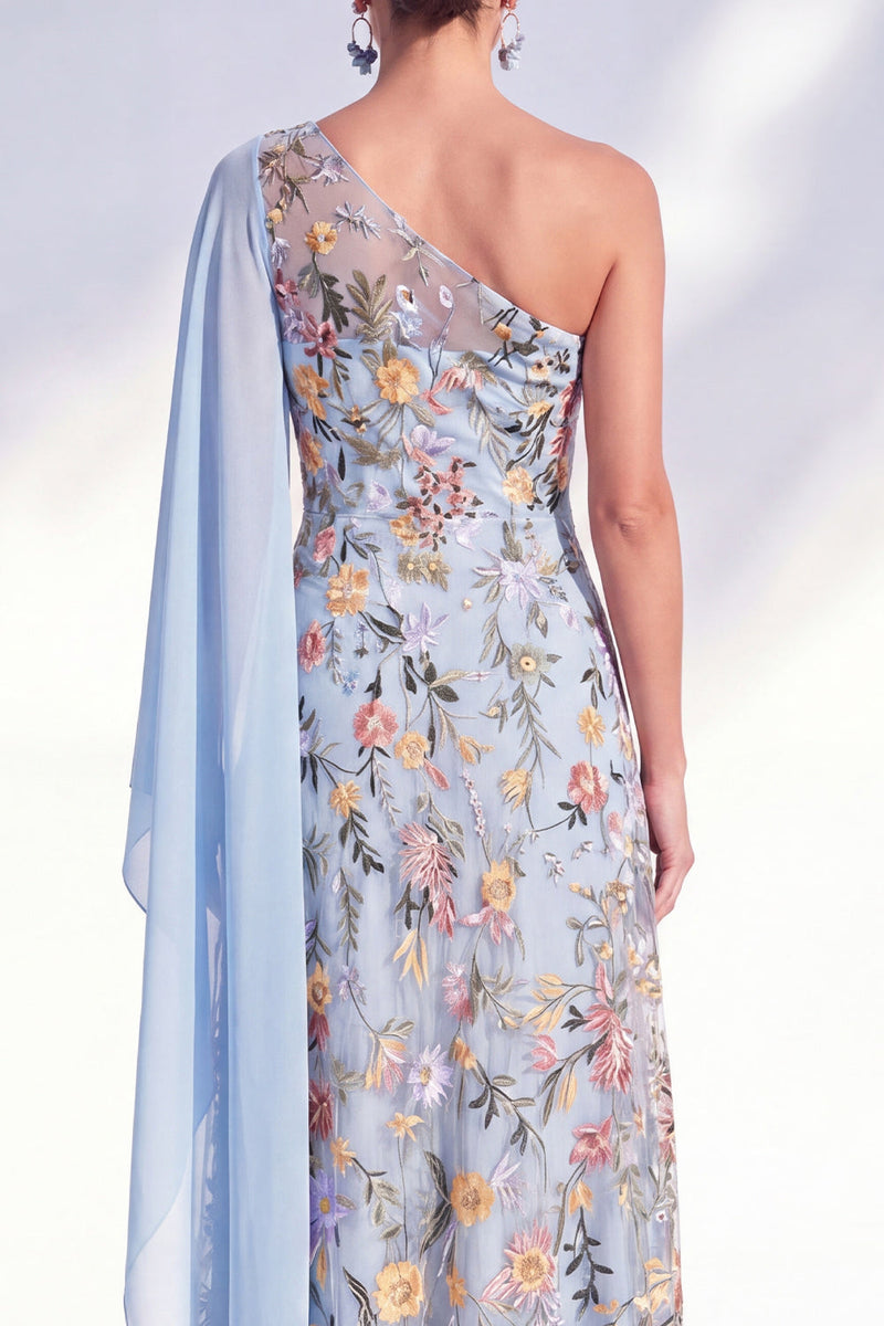 Laden Sie das Bild in den Galerie-Viewer, Blaues A-Linien-langes Mutter-der-der-Braut-Mutter-der-Braut-Kleid mit ein-schulter-Blumen-Kleid und Seitenumhang