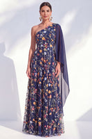 Laden Sie das Bild in den Galerie-Viewer, Blaues A-Linien-langes Mutter-der-der-Braut-Mutter-der-Braut-Kleid mit ein-schulter-Blumen-Kleid und Seitenumhang