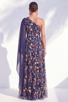 Laden Sie das Bild in den Galerie-Viewer, Blaues A-Linien-langes Mutter-der-der-Braut-Mutter-der-Braut-Kleid mit ein-schulter-Blumen-Kleid und Seitenumhang