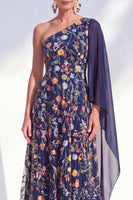 Laden Sie das Bild in den Galerie-Viewer, Blaues A-Linien-langes Mutter-der-der-Braut-Mutter-der-Braut-Kleid mit ein-schulter-Blumen-Kleid und Seitenumhang