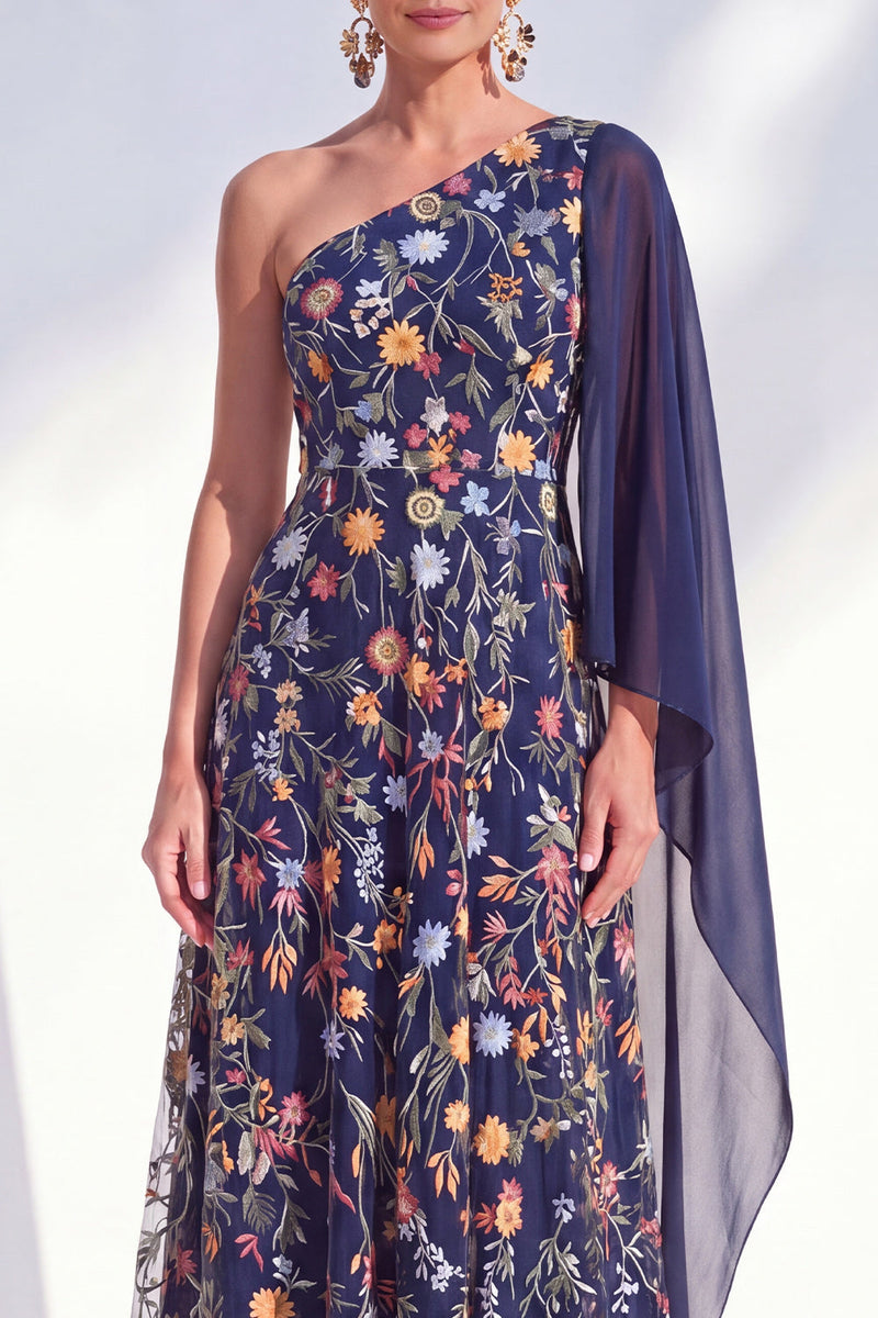 Laden Sie das Bild in den Galerie-Viewer, Blaues A-Linien-langes Mutter-der-der-Braut-Mutter-der-Braut-Kleid mit ein-schulter-Blumen-Kleid und Seitenumhang