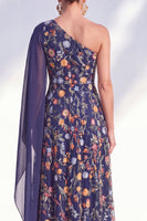 Laden Sie das Bild in den Galerie-Viewer, Blaues A-Linien-langes Mutter-der-der-Braut-Mutter-der-Braut-Kleid mit ein-schulter-Blumen-Kleid und Seitenumhang