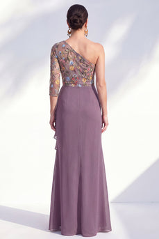 Meerjungfrauen-Grau-Lila Ein-Schulter-Blumenkleid Lange Mutter der Braut