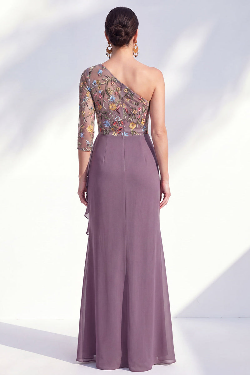 Laden Sie das Bild in den Galerie-Viewer, Meerjungfrauen-Grau-Lila Ein-Schulter-Blumenkleid Lange Mutter der Braut