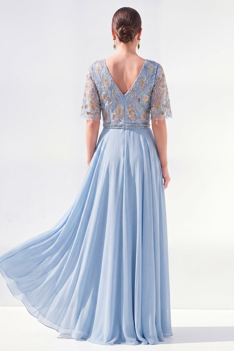 Laden Sie das Bild in den Galerie-Viewer, A-Linie grünes V-Ausschnitt-Chiffon-Chiffon-Kleidung mit langer Mutter der Braut und Perlenbesatz