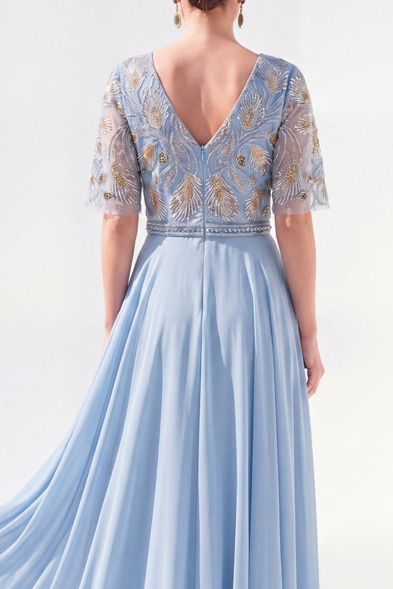 Laden Sie das Bild in den Galerie-Viewer, A-Linie grünes V-Ausschnitt-Chiffon-Chiffon-Kleidung mit langer Mutter der Braut und Perlenbesatz