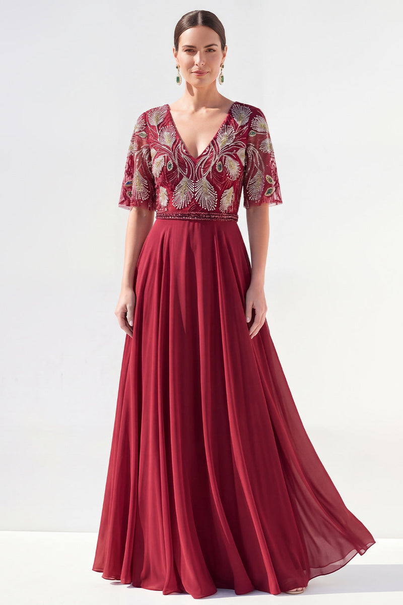 Laden Sie das Bild in den Galerie-Viewer, A-Linie grünes V-Ausschnitt-Chiffon-Chiffon-Kleidung mit langer Mutter der Braut und Perlenbesatz