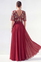 Laden Sie das Bild in den Galerie-Viewer, A-Linie grünes V-Ausschnitt-Chiffon-Chiffon-Kleidung mit langer Mutter der Braut und Perlenbesatz
