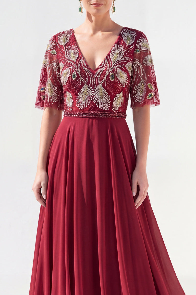 Laden Sie das Bild in den Galerie-Viewer, A-Linie grünes V-Ausschnitt-Chiffon-Chiffon-Kleidung mit langer Mutter der Braut und Perlenbesatz