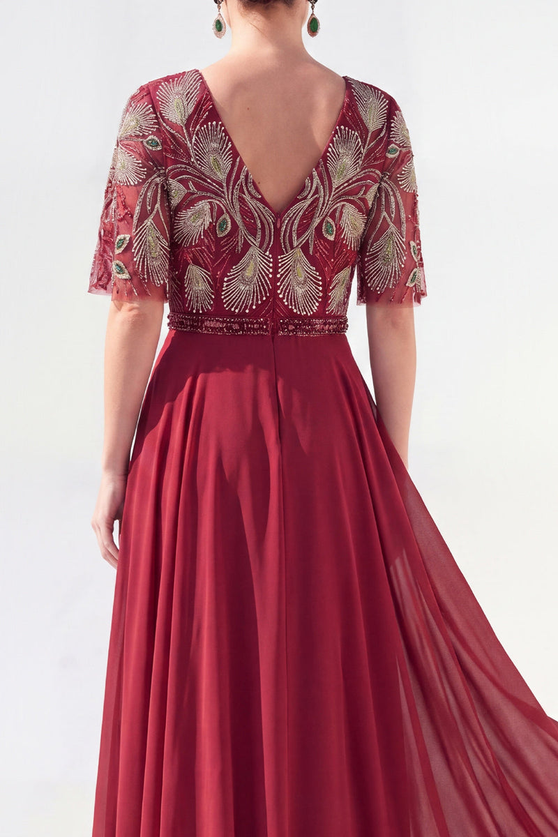 Laden Sie das Bild in den Galerie-Viewer, A-Linie grünes V-Ausschnitt-Chiffon-Chiffon-Kleidung mit langer Mutter der Braut und Perlenbesatz