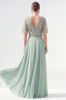 Laden Sie das Bild in den Galerie-Viewer, A-Linie grünes V-Ausschnitt-Chiffon-Chiffon-Kleidung mit langer Mutter der Braut und Perlenbesatz