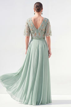 A-Linie grünes V-Ausschnitt-Chiffon-Chiffon-Kleidung mit langer Mutter der Braut und Perlenbesatz