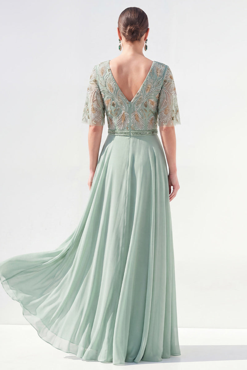 Laden Sie das Bild in den Galerie-Viewer, A-Linie grünes V-Ausschnitt-Chiffon-Chiffon-Kleidung mit langer Mutter der Braut und Perlenbesatz