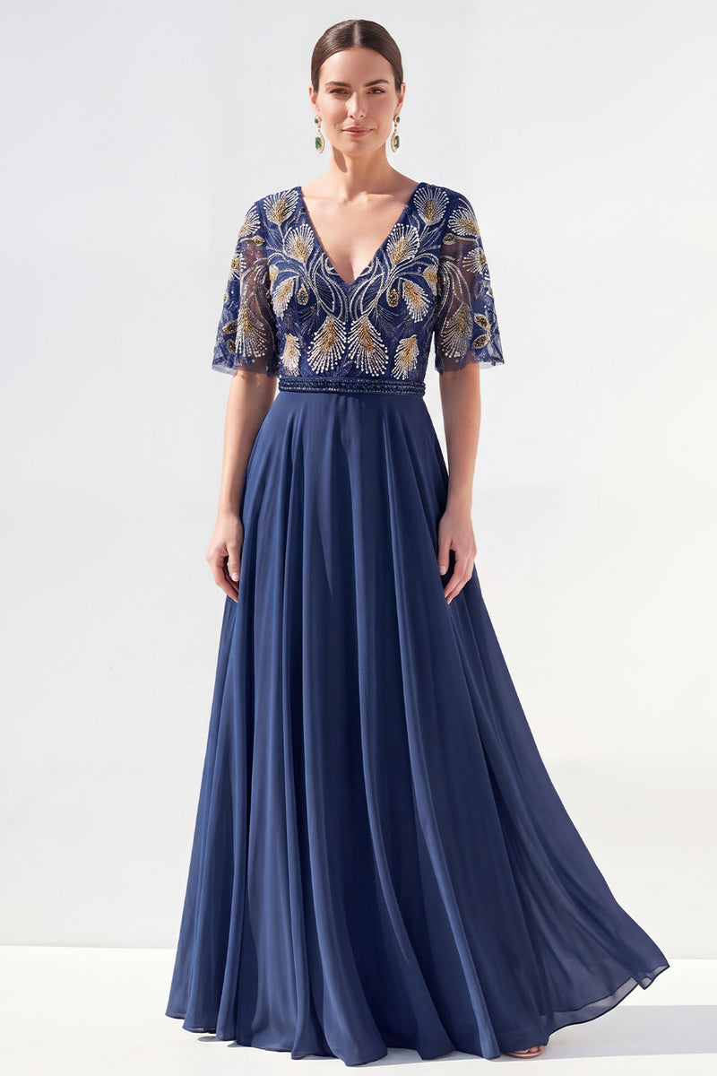 Laden Sie das Bild in den Galerie-Viewer, A-Linie grünes V-Ausschnitt-Chiffon-Chiffon-Kleidung mit langer Mutter der Braut und Perlenbesatz
