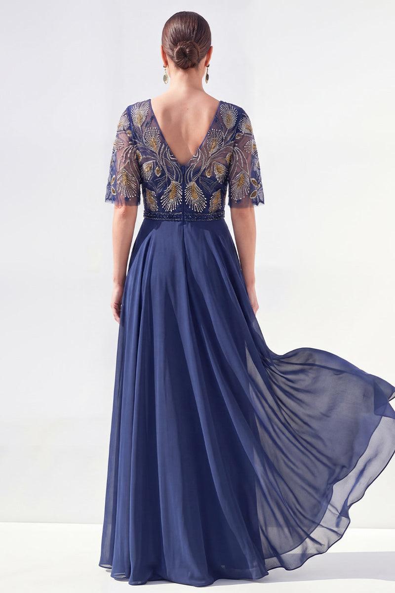 Laden Sie das Bild in den Galerie-Viewer, A-Linie grünes V-Ausschnitt-Chiffon-Chiffon-Kleidung mit langer Mutter der Braut und Perlenbesatz