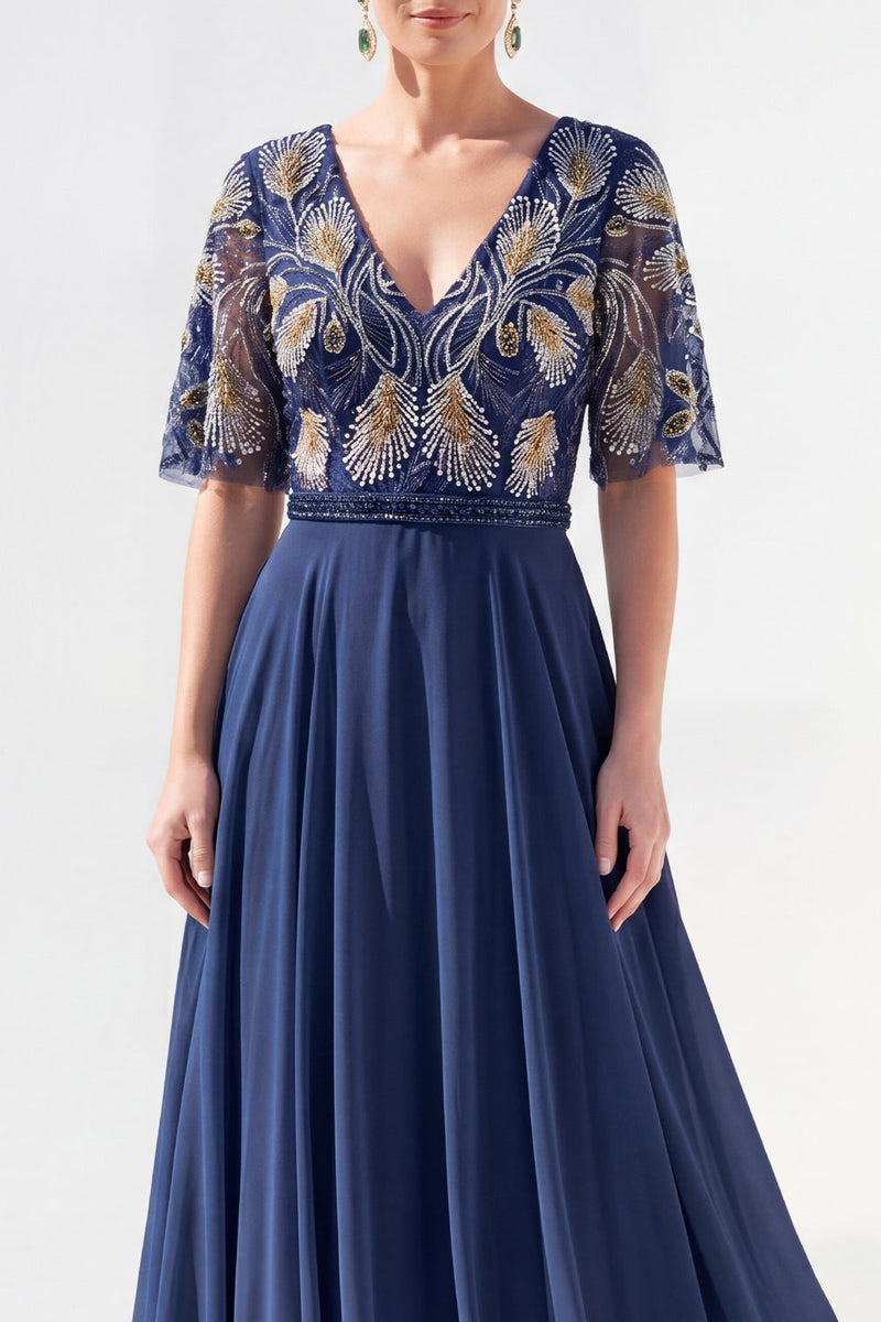 Laden Sie das Bild in den Galerie-Viewer, A-Linie grünes V-Ausschnitt-Chiffon-Chiffon-Kleidung mit langer Mutter der Braut und Perlenbesatz