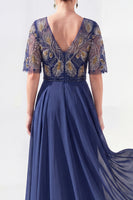 Laden Sie das Bild in den Galerie-Viewer, A-Linie grünes V-Ausschnitt-Chiffon-Chiffon-Kleidung mit langer Mutter der Braut und Perlenbesatz