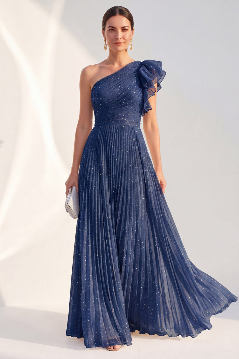 Laden Sie das Bild in den Galerie-Viewer, Marineblaues A-Linie-Kleidungsstück mit einer Schulter und Rüschen mit Glitzer – langes Mutter-der-Braut-Kleid