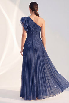 Marineblaues A-Linie-Kleidungsstück mit einer Schulter und Rüschen mit Glitzer – langes Mutter-der-Braut-Kleid