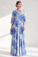 Laden Sie das Bild in den Galerie-Viewer, Rotes A-Linien-Bateau-Ausschnitt Chiffon Floral Long Mother Of the Bride Kleid mit 3/4 Ärmeln