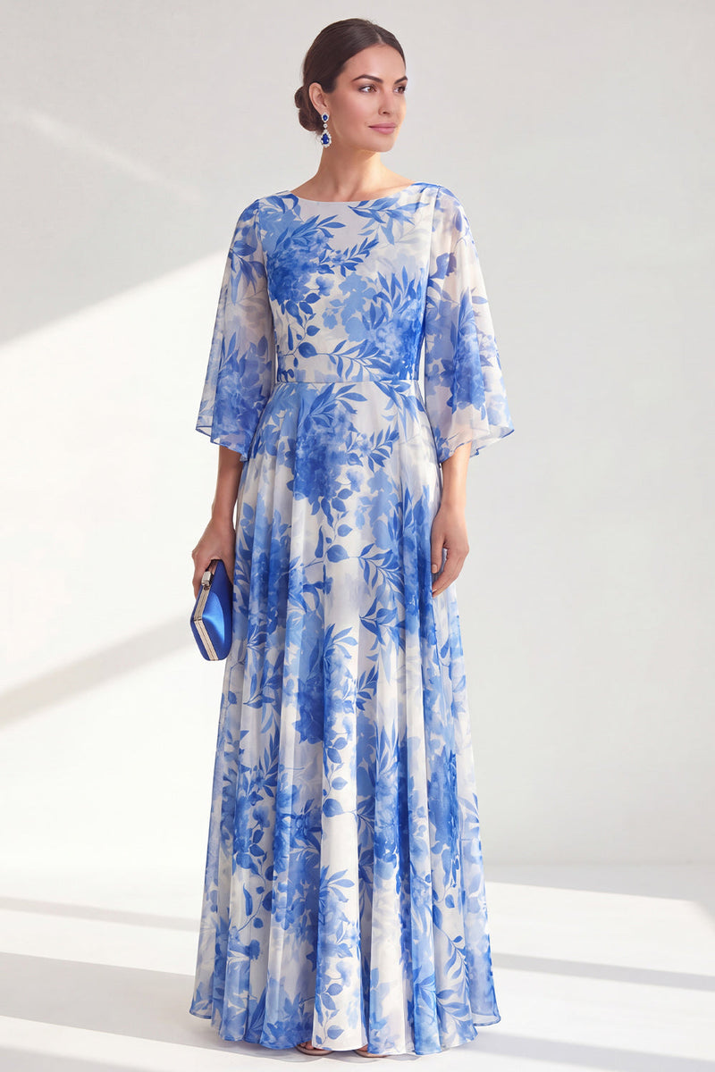 Laden Sie das Bild in den Galerie-Viewer, Rotes A-Linien-Bateau-Ausschnitt Chiffon Floral Long Mother Of the Bride Kleid mit 3/4 Ärmeln