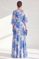 Laden Sie das Bild in den Galerie-Viewer, Rotes A-Linien-Bateau-Ausschnitt Chiffon Floral Long Mother Of the Bride Kleid mit 3/4 Ärmeln