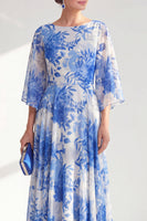 Laden Sie das Bild in den Galerie-Viewer, Rotes A-Linien-Bateau-Ausschnitt Chiffon Floral Long Mother Of the Bride Kleid mit 3/4 Ärmeln