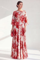 Laden Sie das Bild in den Galerie-Viewer, Rotes A-Linien-Bateau-Ausschnitt Chiffon Floral Long Mother Of the Bride Kleid mit 3/4 Ärmeln