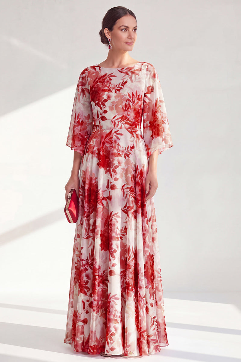 Laden Sie das Bild in den Galerie-Viewer, Rotes A-Linien-Bateau-Ausschnitt Chiffon Floral Long Mother Of the Bride Kleid mit 3/4 Ärmeln