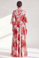 Laden Sie das Bild in den Galerie-Viewer, Rotes A-Linien-Bateau-Ausschnitt Chiffon Floral Long Mother Of the Bride Kleid mit 3/4 Ärmeln