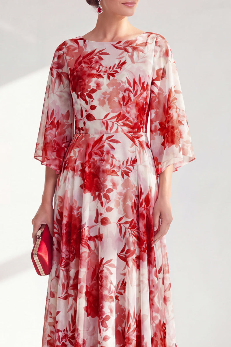 Laden Sie das Bild in den Galerie-Viewer, Rotes A-Linien-Bateau-Ausschnitt Chiffon Floral Long Mother Of the Bride Kleid mit 3/4 Ärmeln