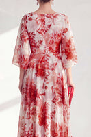 Laden Sie das Bild in den Galerie-Viewer, Rotes A-Linien-Bateau-Ausschnitt Chiffon Floral Long Mother Of the Bride Kleid mit 3/4 Ärmeln