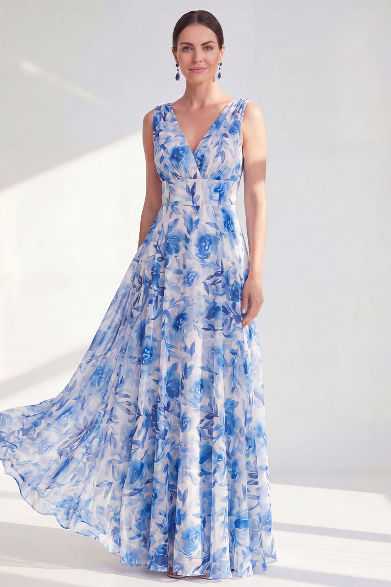 Laden Sie das Bild in den Galerie-Viewer, A-Linie Blauer V-Ausschnitt geblümtes Chiffon Lange Mutter-der-Braut-Kleid