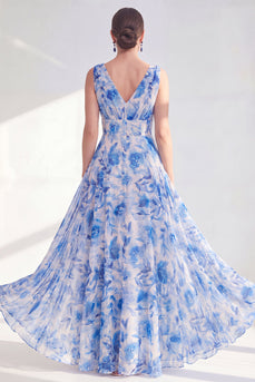 A-Linie Blauer V-Ausschnitt geblümtes Chiffon Lange Mutter-der-Braut-Kleid