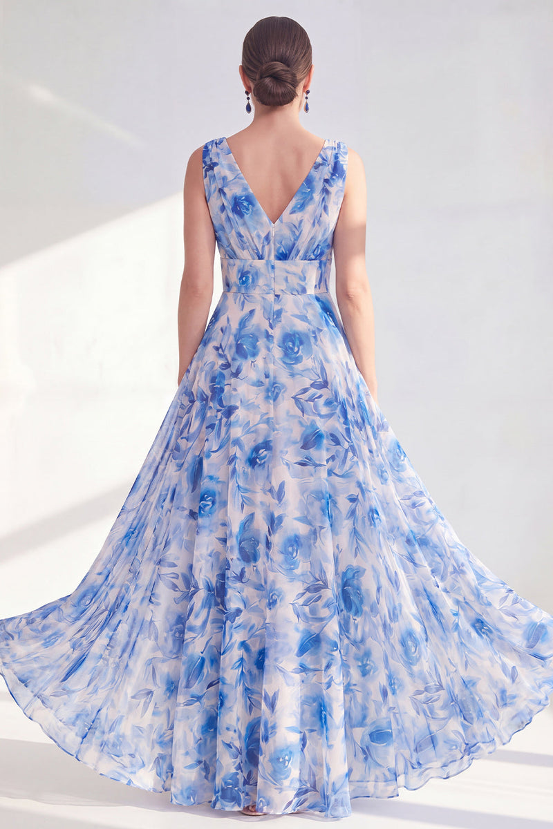 Laden Sie das Bild in den Galerie-Viewer, A-Linie Blauer V-Ausschnitt geblümtes Chiffon Lange Mutter-der-Braut-Kleid