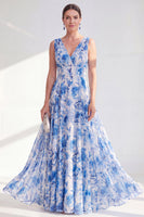 Laden Sie das Bild in den Galerie-Viewer, A-Linie Blauer V-Ausschnitt geblümtes Chiffon Lange Mutter-der-Braut-Kleid