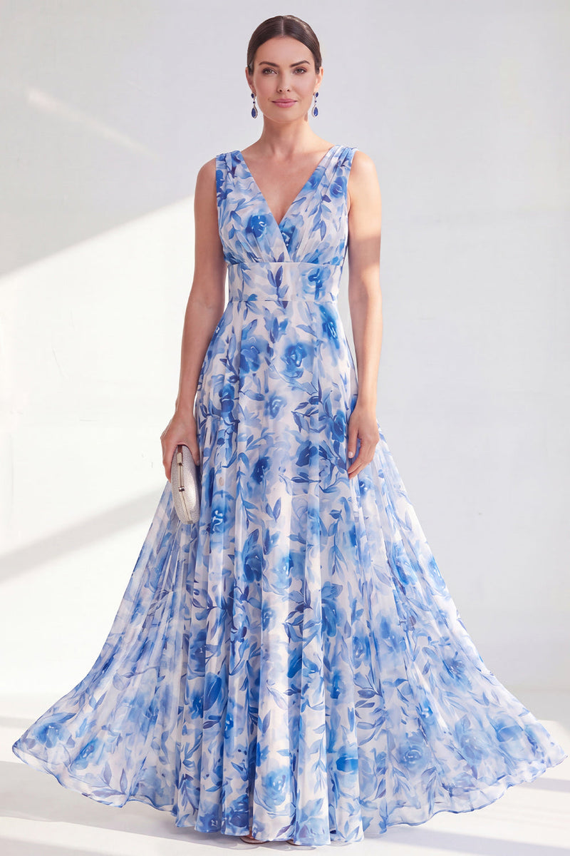 Laden Sie das Bild in den Galerie-Viewer, A-Linie Blauer V-Ausschnitt geblümtes Chiffon Lange Mutter-der-Braut-Kleid