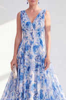 Laden Sie das Bild in den Galerie-Viewer, A-Linie Blauer V-Ausschnitt geblümtes Chiffon Lange Mutter-der-Braut-Kleid