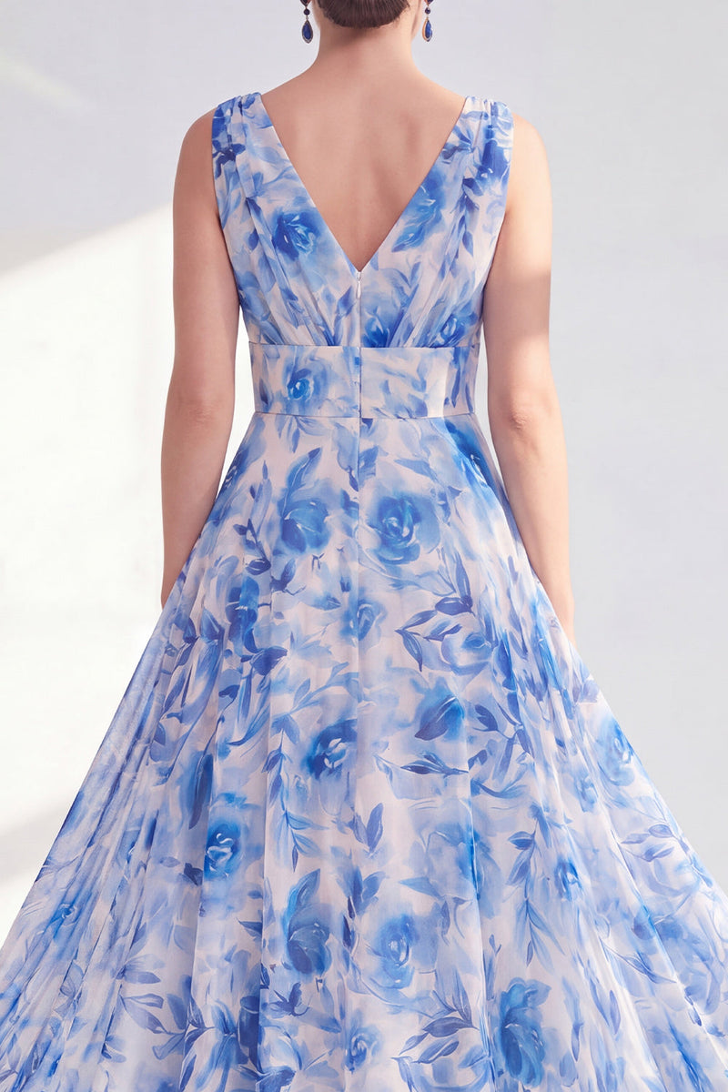 Laden Sie das Bild in den Galerie-Viewer, A-Linie Blauer V-Ausschnitt geblümtes Chiffon Lange Mutter-der-Braut-Kleid