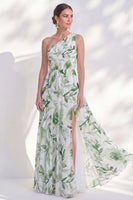 Laden Sie das Bild in den Galerie-Viewer, Ein Schulter grünes A-Linien-Floral-Chiffon-Lange Mutter-der-Braut-Kleid mit Schlitz
