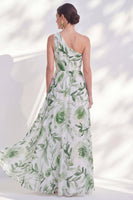 Laden Sie das Bild in den Galerie-Viewer, Ein Schulter grünes A-Linien-Floral-Chiffon-Lange Mutter-der-Braut-Kleid mit Schlitz