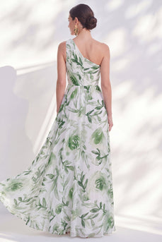 Ein Schulter grünes A-Linien-Floral-Chiffon-Lange Mutter-der-Braut-Kleid mit Schlitz