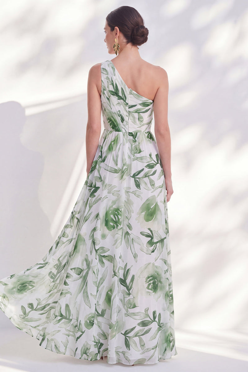Laden Sie das Bild in den Galerie-Viewer, Ein Schulter grünes A-Linien-Floral-Chiffon-Lange Mutter-der-Braut-Kleid mit Schlitz