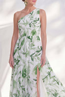 Laden Sie das Bild in den Galerie-Viewer, Ein Schulter grünes A-Linien-Floral-Chiffon-Lange Mutter-der-Braut-Kleid mit Schlitz