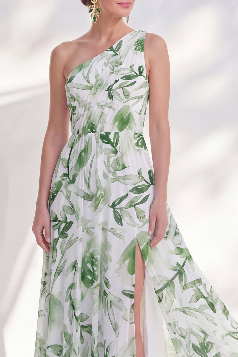 Laden Sie das Bild in den Galerie-Viewer, Ein Schulter grünes A-Linien-Floral-Chiffon-Lange Mutter-der-Braut-Kleid mit Schlitz